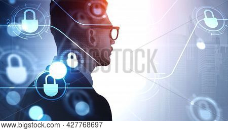 Side View Businessman In Glasses Looking Toward Financial Downtown Of New York, Double Exposure. Blu