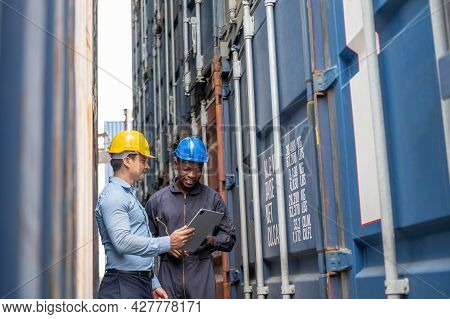 Selective Focus At African Black Worker While Talk And Having Discussion With Supervisor And Inspect