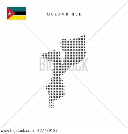 Square Dots Pattern Map Of Mozambique. Mozambican Dotted Pixel Map With National Flag Isolated On Wh