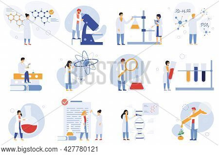 Scientist Characters. Chemical Researchers, Biologists Or Laboratory Workers, Science Medical Worker