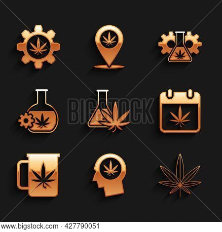 Set Test Tube With Marijuana, Head In Profile, Marijuana Or Cannabis Leaf, Calendar And, Cup Tea, An