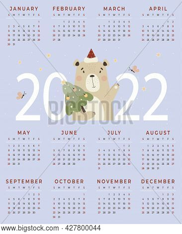 Calendar For 2022. Cute Santa Bear With Christmas Tree. Vector Illustration. Vertical Calendar Templ