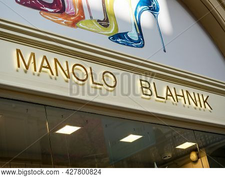 10.04.2021 Russia, Moscow. The Sign Of The Manolo Blahnik Boutique. A Well-known Shoe Manufacturing 