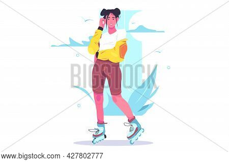 Happy Young Girl Riding Rollerskates Vector Illustration. Fun Leisure In Park Flat Style. Summer Act