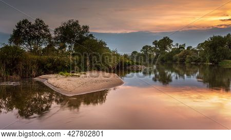 Sunset Over Warta River In Warta Landscape Park, Lad, Poland.