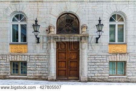 Several Windows And Door On The Facade Of The Urban Historic Building Front View, Tallinn, Estonia