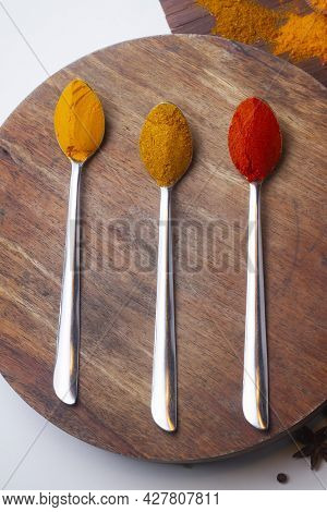 Indian Colourful Spices Also Know As Red Chilli Powder, Turmeric Powder, Coriander Powder, Mirchi, M