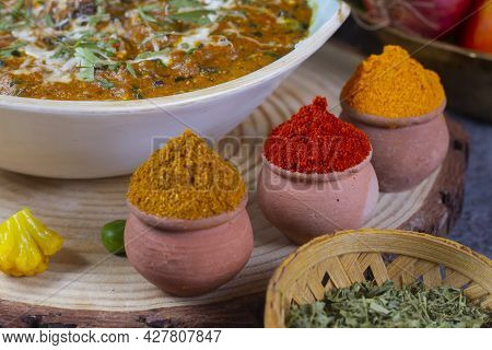 Indian Colourful Spices Also Know As Red Chilli Powder, Turmeric Powder, Coriander Powder, Mirchi, M