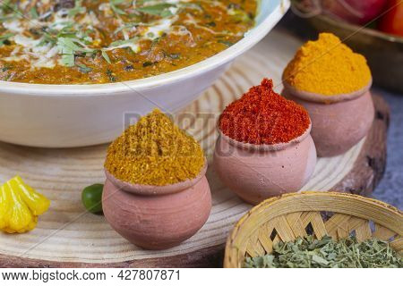 Indian Colourful Spices Also Know As Red Chilli Powder, Turmeric Powder, Coriander Powder, Mirchi, M