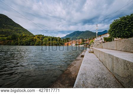 Mergozzo, Verbania / Italy - June 2021: View Of The Village Of Mergozzo On The Homonymous Lake With