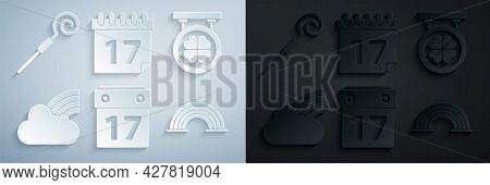 Set Saint Patricks Day With Calendar, Street Signboard Four Leaf Clover, Rainbow Cloud, And Walking 