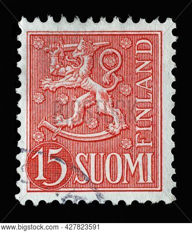 ZAGREB, CROATIA - SEPTEMBER 05, 2014: Stamp printed in the Finland shows Crowned Lion, Coat of Arms of the Republic of Finland, Hammarsten-Jansson Design, circa 1954