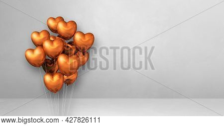 Copper Heart Shape Balloons Bunch On A White Wall Background. Horizontal Banner. 3d Illustration Ren
