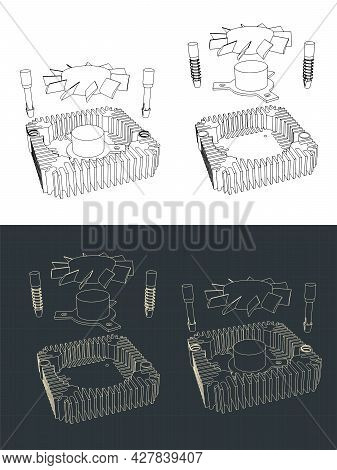 Stylized Vector Illustration Of Drawing Of Disassembled Heatsink With Fan