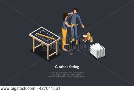 Clothes Fitting Process, Personal Suit Sewing Concept. Isometric Composition, Cartoon 3d Style Illus