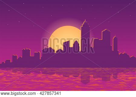 City View With Urban Elements. Evening Cityscape Vector Illustration. Sunset Landscape Concept. City