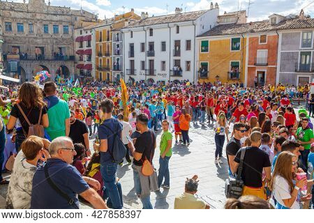 Cuenca, Spain - September 18, 2015: Crowd of people in Plaza Mayor in Cuenca during The San Mateo fiesta before bull running