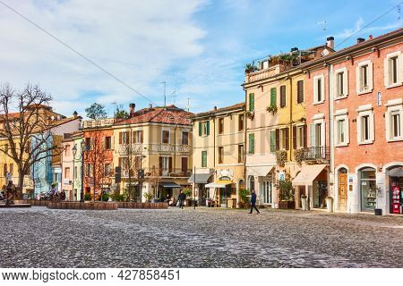 Cesena, Italy -  February 27, 2020: Square in the old town of Cesena, Emilia-Romagna. Cityscape