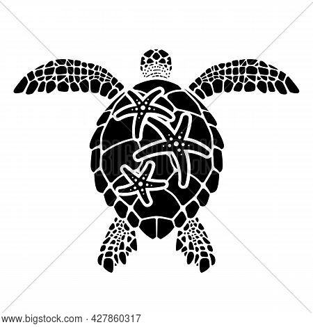 A Sea Turtle Swims With A Starfish On Its Back, Turtle Back Vector Illustration, Tortoiseshell Struc