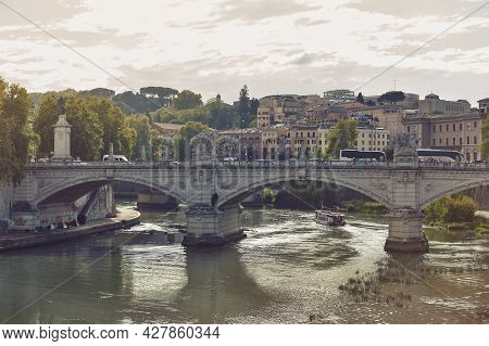 Rome, Italy - October 2019: Ponte Vittorio Emanuele Ii, A Bridge Across The Tiber River Connecting H