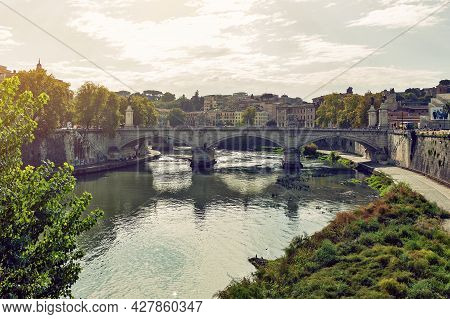 Rome, Italy - October 2019: Ponte Vittorio Emanuele Ii, A Bridge Across The Tiber River Connecting H