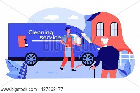 Cleaner With Mop And Bucket Going To House Of Old Man. Senior With Walking Stick Waiting For Worker 
