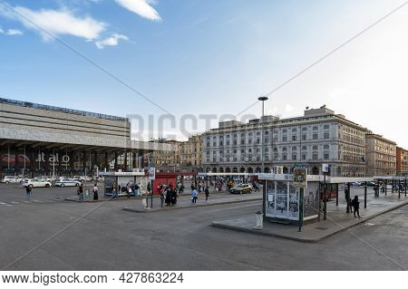 Rome, Italy - October 2019: Bus Stops At Piazza Dei Cinquecento In Front Of Roma Termini, The Main R