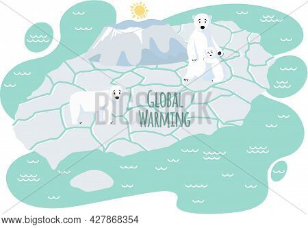 Wild Animals Living In Arctica Suffer From Global Warming. Family Of Polar Bears On Ice Floe During 