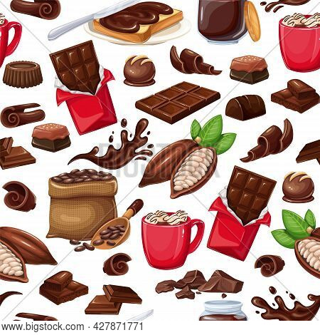 Chocolate Seamless Pattern, Vector Illustration. Background With Candy, Cocoa Beans, Chips, Chocolat