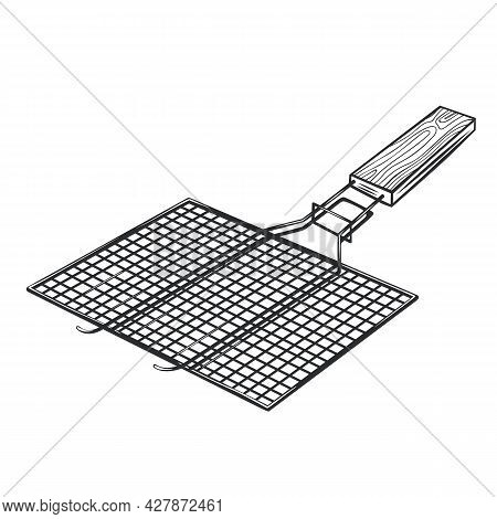 Bbq Grill Grid Barbecue Outline Vector Icon, Drawing Monochrome Illustration. Manual Grill Grate Wit