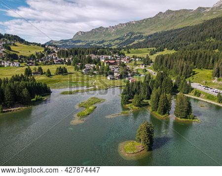 Drone View Of The Lake At Valbella In The Swiss Alps