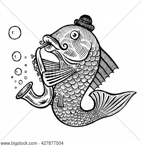 Fish Plays The Saxophone, Vector Illustration. Drawing With An Ink Pen And Pencil. Collection Of Fis