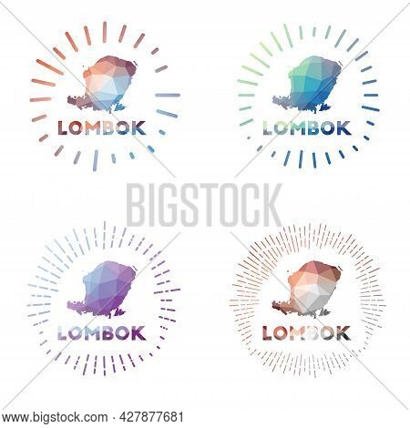 Lombok Low Poly Sunburst Set. Logo Of Island In Geometric Polygonal Style. Vector Illustration.