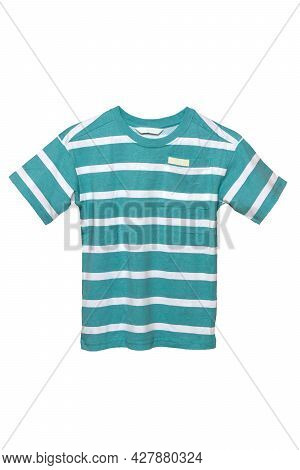 Green Shirt For Children. Fashionable Turquoise And White Striped Polo T-shirt With Short Sleeves Is