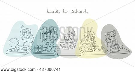 Banner With Children Sitting At The Table, Cartoon Cute Schoolchildren Characters. Back To School Co