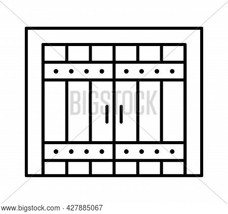 Side Hinged Vintage Garage Door In Rustic Country Style. Black & White Vector Illustration. Line Ico