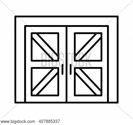 Side Hinged Vintage Garage Door In Rustic Country Style. Black & White Vector Illustration. Line Ico