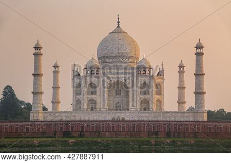 View Of Taj Mahal From Mehtab Bagh Garden In The Evening, Agra, Uttar Pradesh, India. Taj Mahal Was 