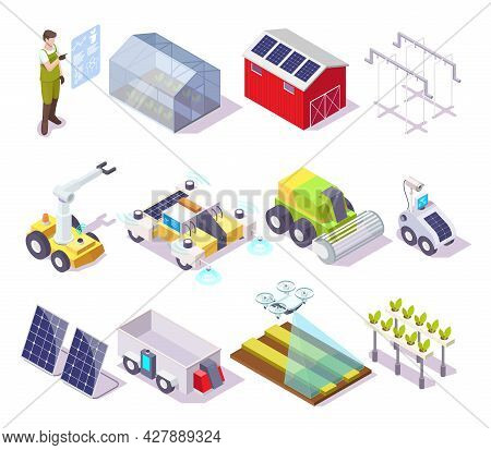 Smart Farm, Vector Isometric Icon Set. Farmer, Drone, Greenhouse, Solar Panel, Agricultural Robotics