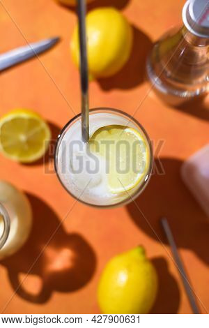 Creamy Lemonade Trendy Summer Mocktail. Cold Non-alcoholic Cocktail With Lemon Juice And Sweetened C