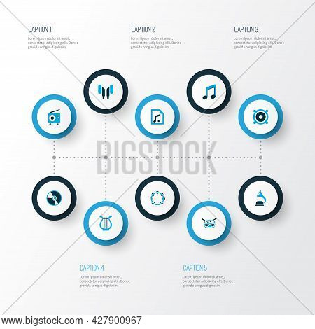 Music Icons Colored Set With Lyre, Tuner, Timbrel And Other Radio Elements. Isolated Illustration Mu