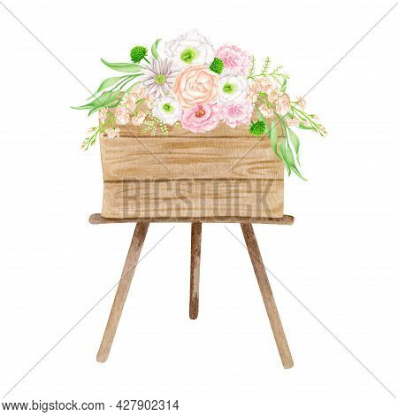 Watercolor Welcome Signboard Illustration. Hand Painted Wood Easel With Flowers And Leaves Isolated 