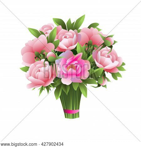 Vector Image Of A Festive Bouquet Of Collected Pink Peonies.