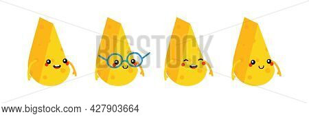 Cute And Smiling Cartoon Style Cheese Chunks, Dairy Products Characters Vector Icons, Illustration.