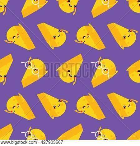 Cute And Funny Cartoon Style Cheese Chunks, Dairy Products Characters Vector Seamless Pattern Backgr
