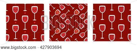 Set, Collection Of Three Vector Seamless Pattern Backgrounds With Red Wine Glass Characters And Glas