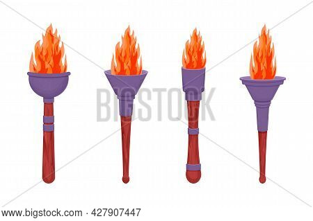 Set Medieval Torch With Flame In Cartoon Style Isolated On White Background. Antique Lamp, Winer Sym
