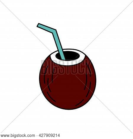 Fruit Cocktail In Cocount In Doodle Style. Simple Illustration. Summer Icon