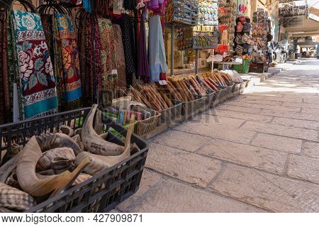 Jerusalem, Israel, July 17, 2021 : Souvenirs And Decorations Are Sold At The Souvenir Street Shop On