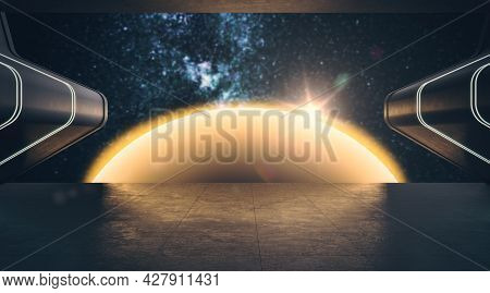 Modern Cosmos Exhibition In Dark Futuristic Interior. Gallery Concept. 3d Rendering